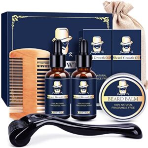 Beard Growth Kit - Derma Roller for Beard Growth, Beard Kit with Beard Growth Oil, Beard Roller, Balm, Comb - Facial Hair Growth & Patchy Beard Growth - Valentine's Day Gifts for Him Husband Boyfriend Dad