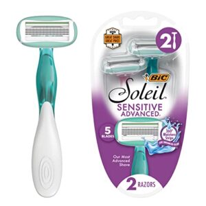 bic soleil sensitive advanced women’s disposable razors with 360° moisture strips for enhanced glide, shaving razors with 5 blades, 2 count