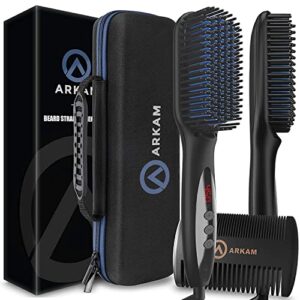 arkam beard straightener for men -premium heated beard brush kit w/ anti-scald feature, dual action hair comb and hard shell travel case for medium to long beards – costume and grooming gifts for men