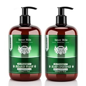 beard wash and conditioner kit (17oz) natural mint beard shampoo conditioner kit, fathers gifts for dad him men, beard shampoo set w/beard oil conditioner cleanse smooth soften strengthen