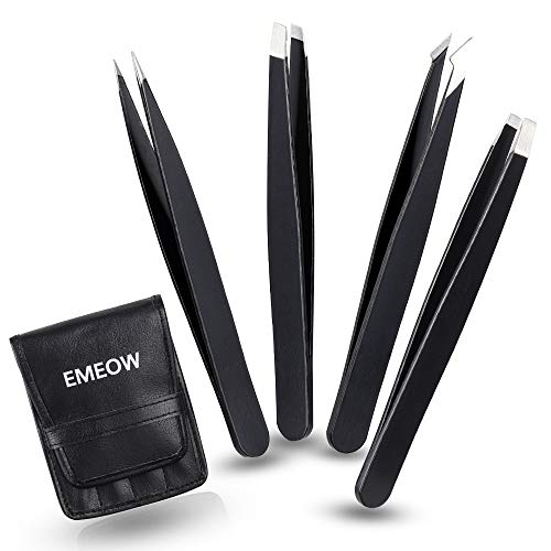 Eyebrow Tweezers Set Best Precision Tweezers 4-Piece Professional Stainless Steel Tweezer For Facial Hair Removal & Ingrown Hairs, Splinter & Blackhead Acne Remover Daily Beauty Tool - EMEOW (Black)