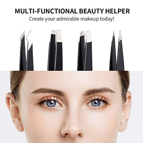 Eyebrow Tweezers Set Best Precision Tweezers 4-Piece Professional Stainless Steel Tweezer For Facial Hair Removal & Ingrown Hairs, Splinter & Blackhead Acne Remover Daily Beauty Tool - EMEOW (Black)