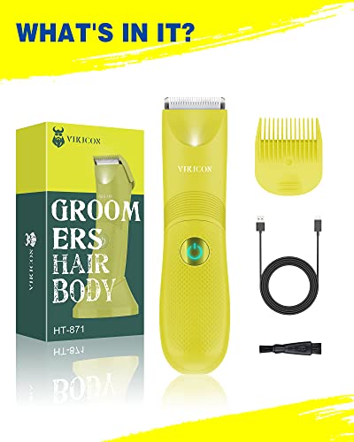 VIKICON Groin Hair Trimmer: Electric Body Shaver/Groomer for Ball &Pubic w/LED Light, Body Hair Grooming Trimmer Replaceable Ceramic Blade IPX7 Waterproof Wet/Dry, USB Charging Lightweight Male Razor