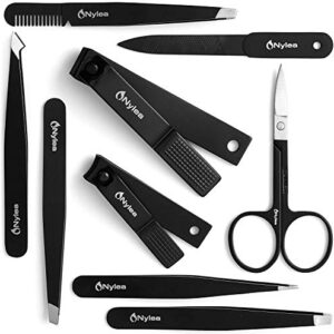 Nylea Professional Tweezers Set and Nail Clippers for Men and Women [Perfect Alignment / Grip] Best Precision Stainless Steel Kit for Ingrown Hair Eyebrows Facial Hair Splinter and Eyelashes 9pcs