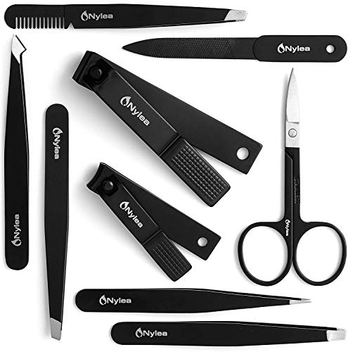 Nylea Professional Tweezers Set and Nail Clippers for Men and Women [Perfect Alignment / Grip] Best Precision Stainless Steel Kit for Ingrown Hair Eyebrows Facial Hair Splinter and Eyelashes 9pcs