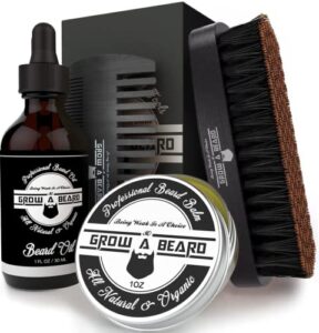 beard brush, beard comb, beard oil, & beard balm grooming kit for men’s care, travel bamboo facial hair set for growth, styling, shine & softness, great gifts for him (black)