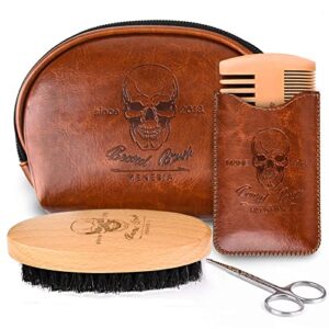 menesia beard brush and comb set, boar bristle hair beard brush kit with small leather travel toiletry bag case for men, include men’s wooden mustache comb & nose hair scissors