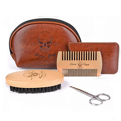 Menesia Beard Brush and Comb set, Boar Bristle Hair Beard Brush Kit with Small Leather Travel Toiletry Bag Case for Men, include Men's Wooden Mustache Comb & Nose Hair Scissors