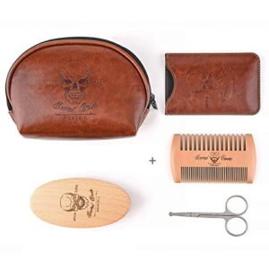 Menesia Beard Brush and Comb set, Boar Bristle Hair Beard Brush Kit with Small Leather Travel Toiletry Bag Case for Men, include Men's Wooden Mustache Comb & Nose Hair Scissors