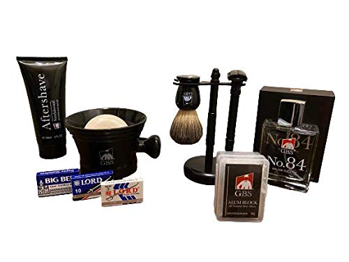 G.B.S 9 Pc Shaving Set - Non Slip DE Safety Razor Shaving Brush Stand 5 oz Sandalwood Aftershave, Mug with G.B.S Natural Soap +15 Blades Adjustable Convenient