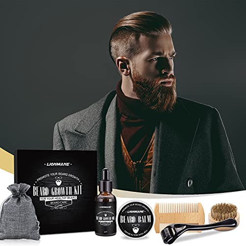 Lionmane Beard Growth Gift Kit, Father's Day Gifts for Men,Beard Growth Oil,Beard Balm Brush Comb, Stimulate Beard Hair Growth, Men's Birthday Anniversary Beard Gifts for Husband/Boyfriend/Dad/Him