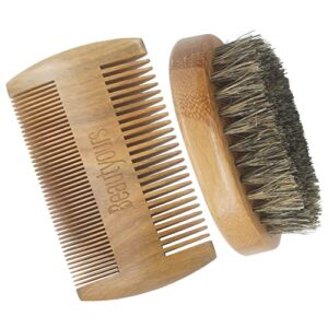 Beard Brush Kit Boar Bristle Brush and Sandalwood Comb with Storage Bag for Men, Fine & Coarse Teeth Dual Brush for Mustache Anti-Static