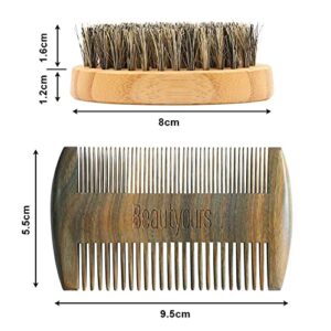 Beard Brush Kit Boar Bristle Brush and Sandalwood Comb with Storage Bag for Men, Fine & Coarse Teeth Dual Brush for Mustache Anti-Static