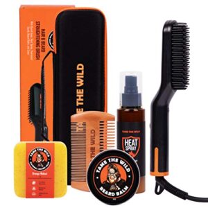 tame the wild premium beard straightener kit – heated beard brush for men – beard grooming kit includes heat protectant, beard soap, beard balm, wooden comb, & storage case – gift set