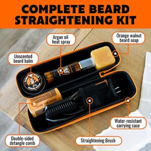 Tame the Wild Premium Beard Straightener Kit - Heated Beard Brush for Men - Beard Grooming Kit Includes Heat Protectant, Beard Soap, Beard Balm, Wooden Comb, & Storage Case - Gift Set