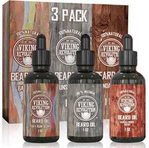 beard oil conditioner 3 pack – all natural variety set 2 – bay rum, unscented and sandalwood oil – conditioning and moisturizing for a healthy beard viking revolution