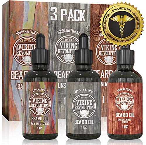 Beard Oil Conditioner 3 Pack - All Natural Variety Set 2 - Bay Rum, Unscented and Sandalwood Oil - Conditioning and Moisturizing for a Healthy Beard Viking Revolution