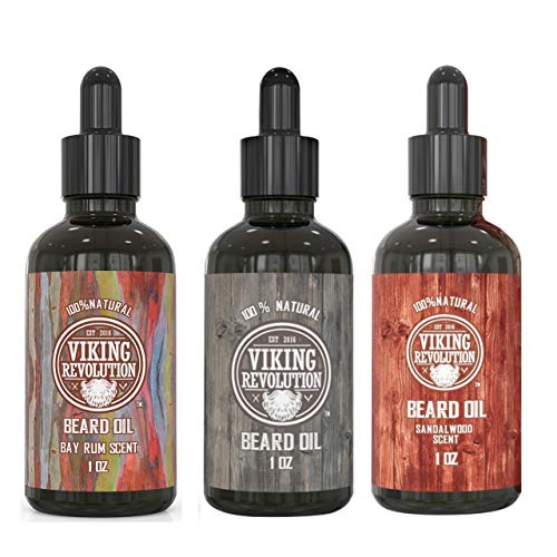 Beard Oil Conditioner 3 Pack - All Natural Variety Set 2 - Bay Rum, Unscented and Sandalwood Oil - Conditioning and Moisturizing for a Healthy Beard Viking Revolution