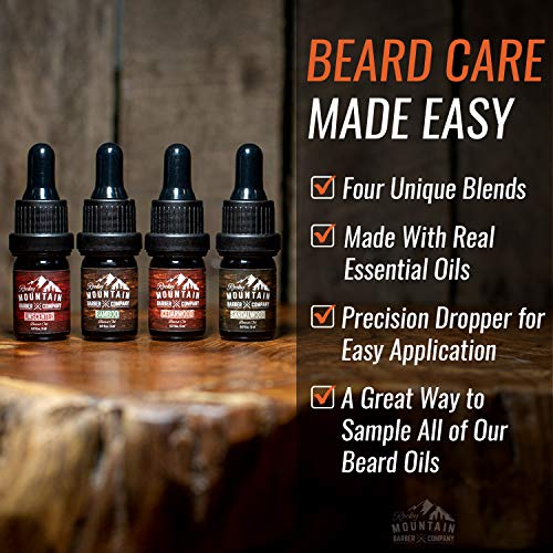 Beard Oil Sample Size Pack - 4 Unique Beard Oil Varieties (0.17 oz each) - Cedarwood, Sandalwood, Bamboo & Unscented – Contains Essential Oils