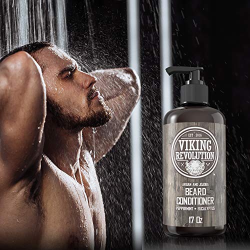 Viking Revolution Beard Conditioner w/Argan & Jojoba Oils - Softens & Strengthens - Natural Peppermint and Eucalyptus Scent- Beard Conditioner w/Beard Oil (17oz Conditioner)