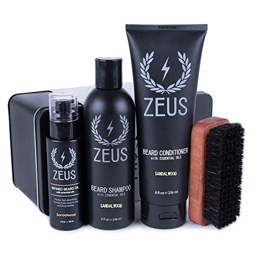 ZEUS Deluxe Beard Wash & Care Set – With Beard Wash, Refined Beard Oil & Palm Beard Brush (Sandalwood)