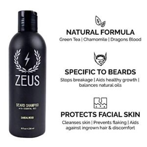 ZEUS Deluxe Beard Wash & Care Set – With Beard Wash, Refined Beard Oil & Palm Beard Brush (Sandalwood)