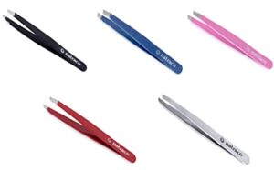 stainless steel slant precision tweezers – professional tweezers for eyebrows & hair removal – variety pack (pack of 5)
