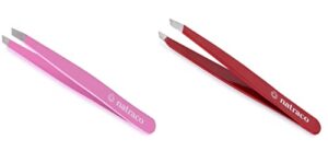 stainless steel slant precision tweezers – professional tweezers for eyebrows & hair removal – pink & red (pack of 2)