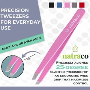 Stainless Steel Slant Precision Tweezers – Professional Tweezers for Eyebrows & Hair Removal – Pink & Red (Pack of 2)