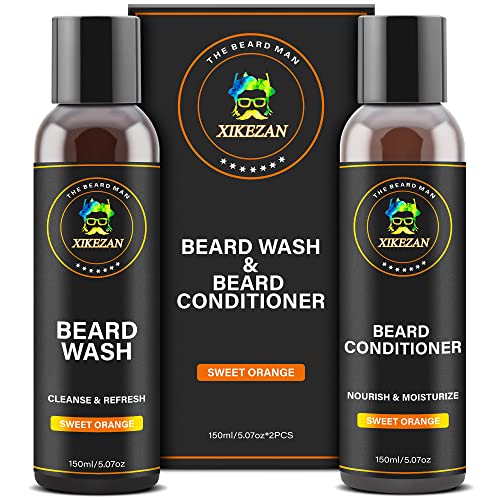 Beard Wash & Beard Conditioner Natural Beard Softener Set w/Argan & Jojoba Oils Smooths & Strengthens Beard Growth Christmas Stocking Stuffers Father Day Gifts for Men Him Dad Boyfriend Husband (SWEET ORANGE)