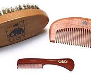 G.B.S Combo Set-3 Piece Kit Oval Wood Brush with Boar Bristles For Beard, Mustache With Bamboo Hard Comb, for Father's Day, Holidays Tortoise Horn Durable Convenient