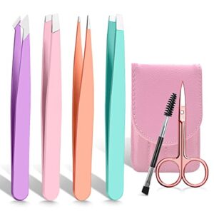 ammon professional tweezer 6 pcs set stainless steel tweezers for eyebrows tweezers for woman precision with travel case for ingrown and fine hair removal splinter blackhead remover（colorful）