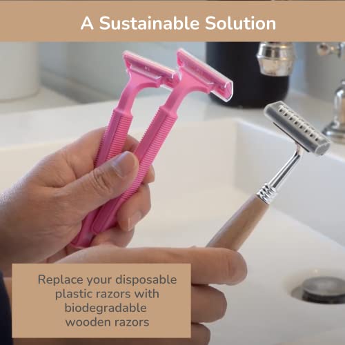 EcoLuxe Bamboo Razor I Reusable Wooden Handle Razor | Replaceable Double Blades | Manual Razor For Women & Men with Strong Stainless Steel Frame I Plastic Free Plastic free