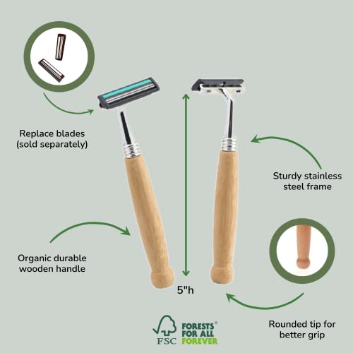 EcoLuxe Bamboo Razor I Reusable Wooden Handle Razor | Replaceable Double Blades | Manual Razor For Women & Men with Strong Stainless Steel Frame I Plastic Free Plastic free