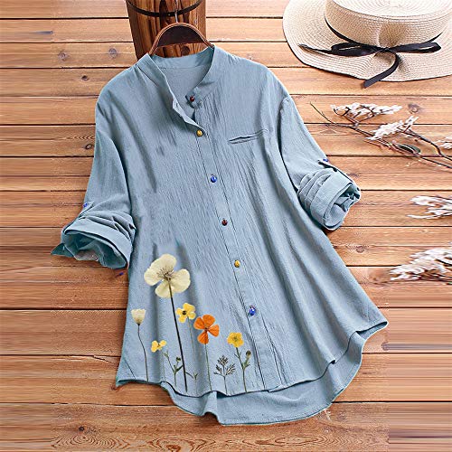 Aniywn Women Round Neck Lace Up Lace Patchwork Flare Pullover Top Casual Plus Size 3/4 Sleeve Floral Printed T-Shirt (2XL, 2-Sky Blue)