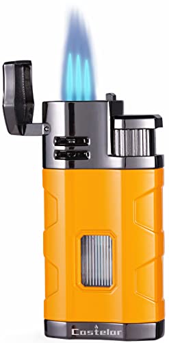 Castelar Torch Lighter Triple Jet Flame Refillable Butane Lighter with Punch Rest Holder - Butane Not Included (Yellow)