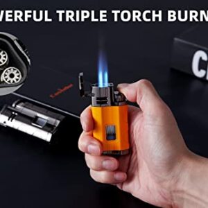 Castelar Torch Lighter Triple Jet Flame Refillable Butane Lighter with Punch Rest Holder - Butane Not Included (Yellow)