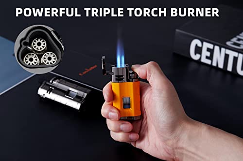 Castelar Torch Lighter Triple Jet Flame Refillable Butane Lighter with Punch Rest Holder - Butane Not Included (Yellow)