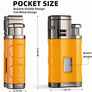 Castelar Torch Lighter Triple Jet Flame Refillable Butane Lighter with Punch Rest Holder - Butane Not Included (Yellow)