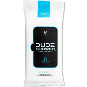 dude wipes on-the-go shower wipes – 1 pack, 8 wipes – unscented extra-large wipes with vitamin e & aloe – full body shower replacement wipes
