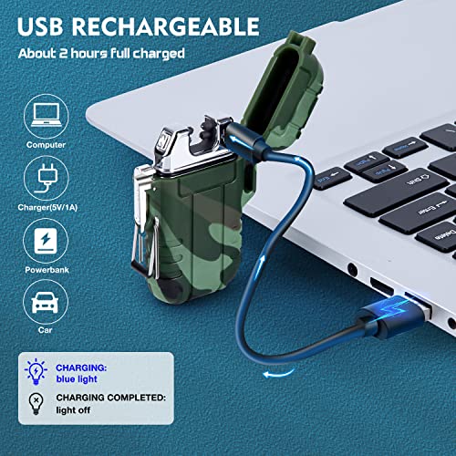 LcFun Waterproof Lighter Outdoor Windproof Lighter Dual Arc Lighter Electric Lighters USB Rechargeable-Flameless-Plasma Cool Lighters for Camping,Hiking,Adventure,Survival Tactical Gear