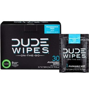 dude wipes on-the-go flushable wet wipes – 1 pack, 30 wipes – unscented extra-large individually wrapped wipes with vitamin e & aloe – septic and sewer safe