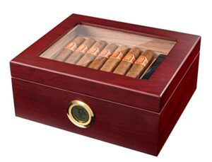 mantello humidor cigar box, royal glass-top cigar humidors- gifts for men – cigar humidor box for 25-50 cigars with digital hygrometer & divider – spanish cedar wood interior, rich cherry finish