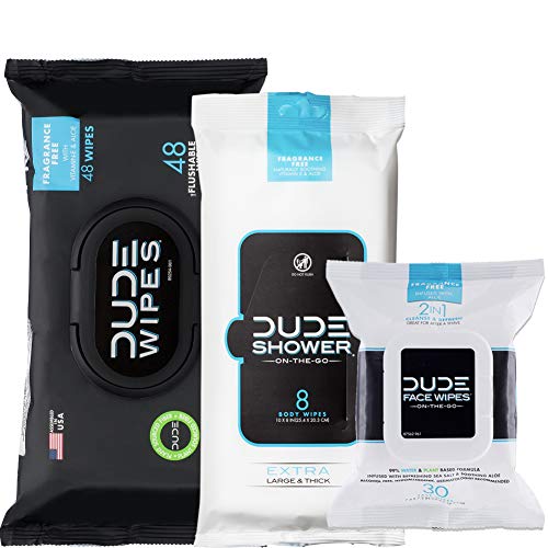 Dude Products, Flushable , Shower Body & Face Wipes, Unscented with Vitamin-E & Aloe - Head to Toe Dude Combo, 86 count