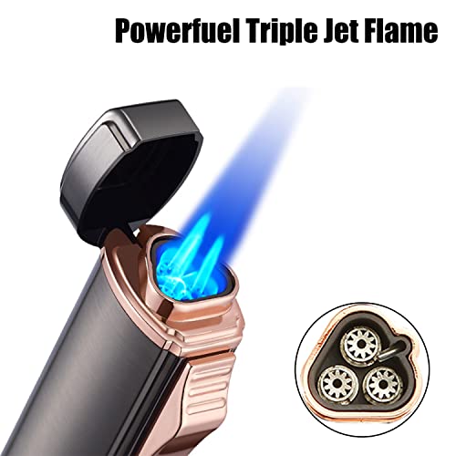 Futlidys Butane Lighter, Cutter and Lighter Gift Set, Triple Jet Flame Windproof Lighter with Punch, Refillable Lighter with Visible Gas Window, Gifts for Men, Grey(Sold Without Gas)