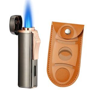 futlidys butane lighter, cutter and lighter gift set, triple jet flame windproof lighter with punch, refillable lighter with visible gas window, gifts for men, grey(sold without gas)