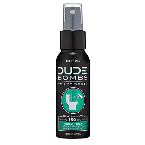 DUDE Bombs Toilet Spray - 2.5 oz Spray Bottle – Forest Fresh Toilet Spray with Pine and Cedarwood Essential Oils - Stank Eliminator Up to 150 Dumps