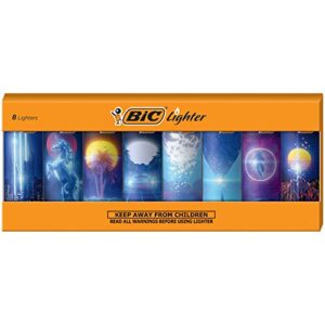 bic pocket lighter, special edition retro wave collection, assorted unique lighter designs, 8 count tray of lighters