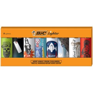 bic pocket lighter, special edition good vibes collection, assorted unique lighter designs, 8 count pack of lighters