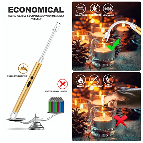 Candle Lighter，Electric Lighter USB Rechargeable arc Plasma Lighter with LED Battery Display Safety Switch Power Indicator,Longer Flexible Neck for Camping Candle Cooking BBQs Fireworks